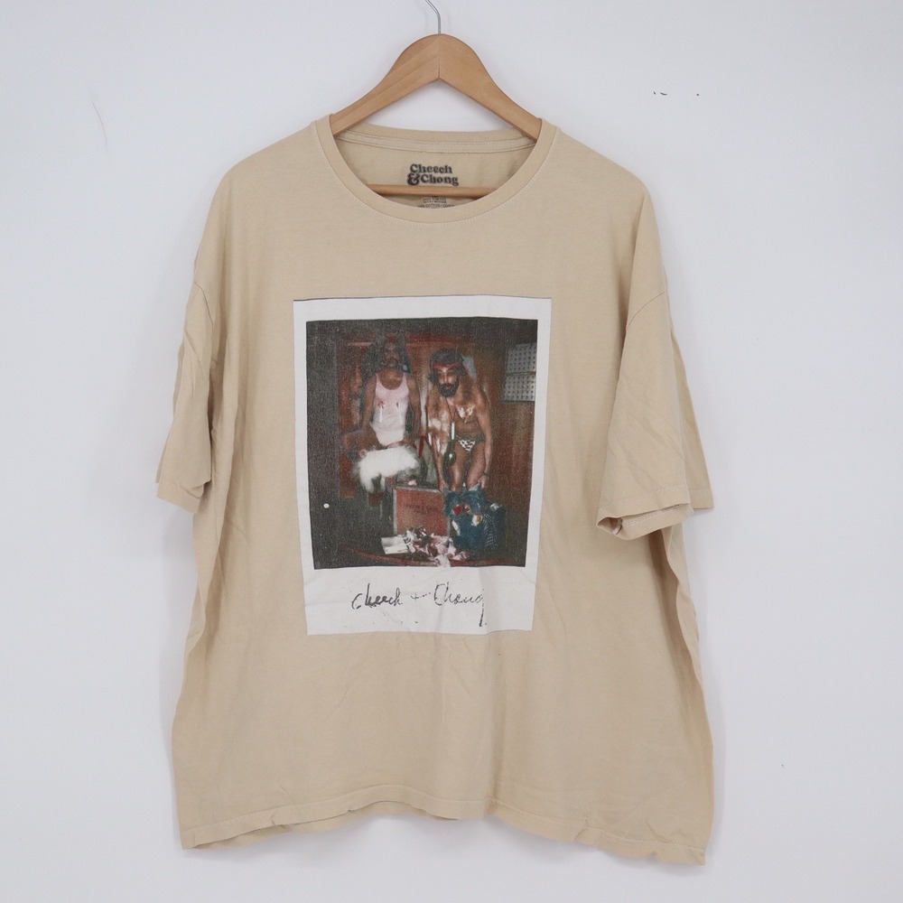 Cheech & Chong T-Shirt Mens 1X Graphic Polaroid Print Tan Short Sleeve Good